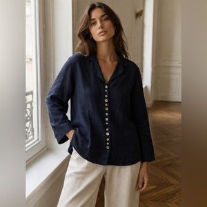cut·loose Navy Blue Linen Collared Top Size XL